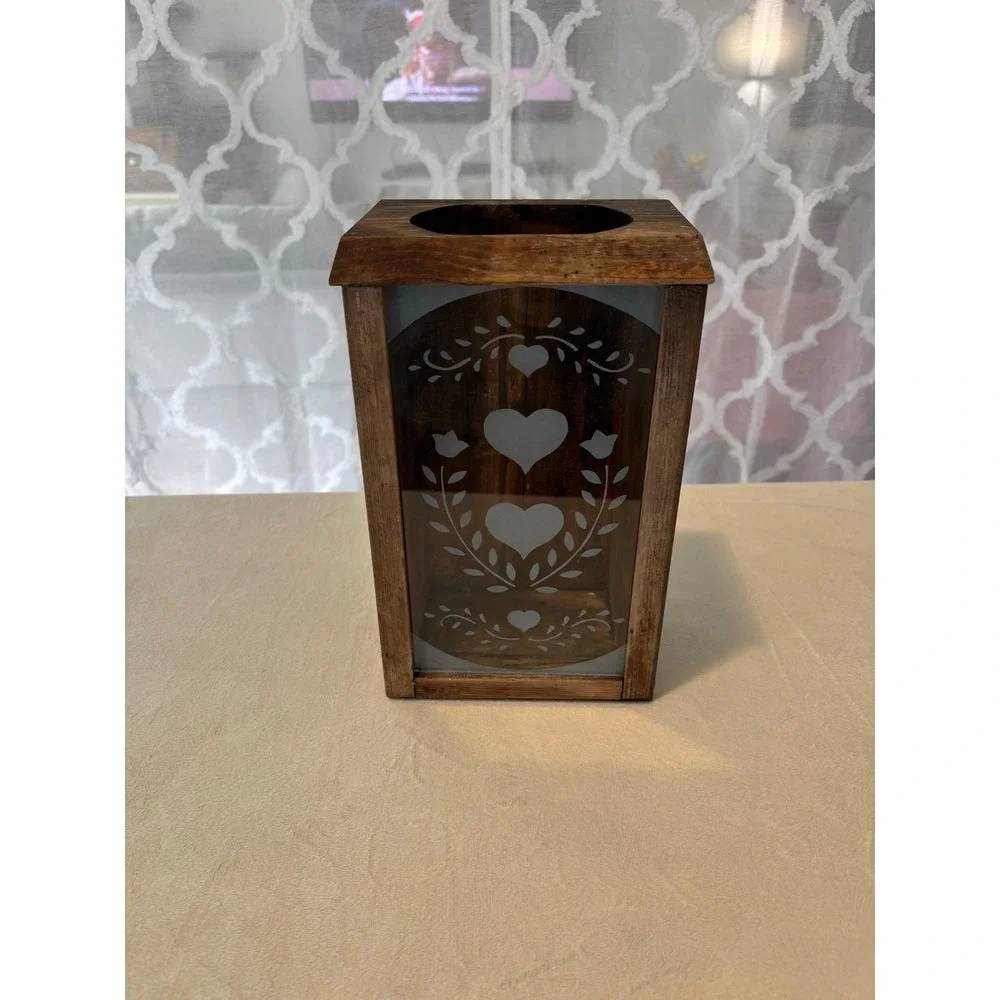 Rustic Wood Heart Etched Glass Lantern Wall Hanging Candle Holder Farmhouse